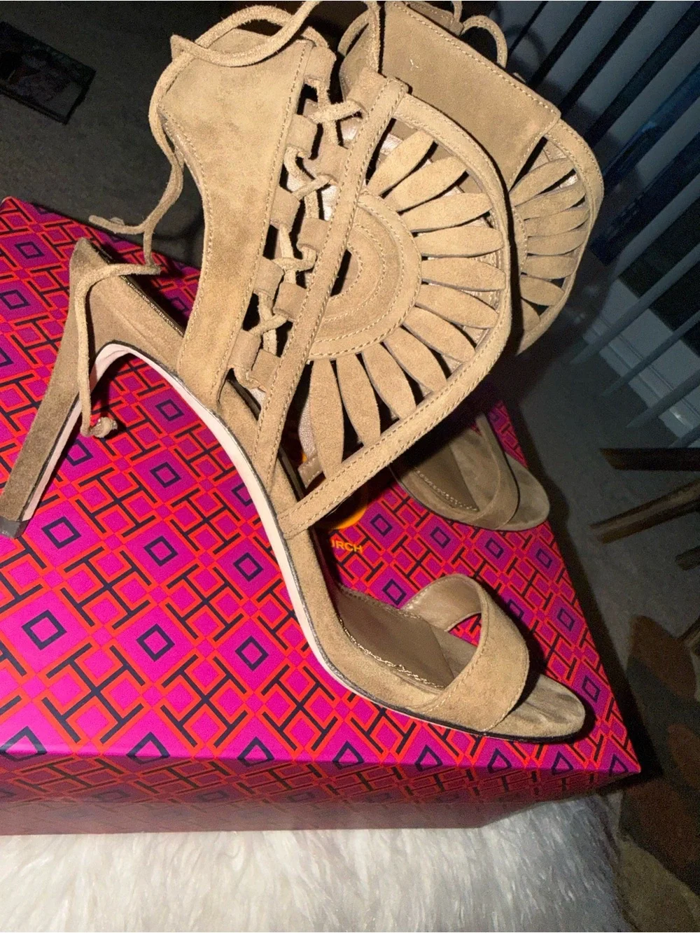 Tory Burch Suede Tan Cutout High Heel Sandals
